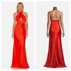 SauLee Red Liv Halter Neck satin fire orange Evening Gown